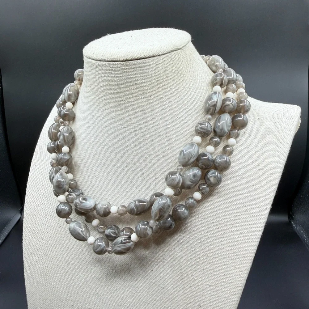 Gray Marbled Beaded Multi Strand Statement Necklace White Accent Beads Chunky